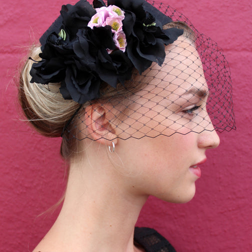 Black Flower Crown Hat with Veil - Anna Chocola