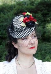 1940s houndstooth tilt hat with flowers