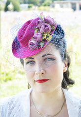 1940s Vibrant Fuchsia Tilt hat with flowers and veil