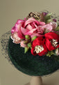 Green velvet "Coquette" Pillbox hat with flowers