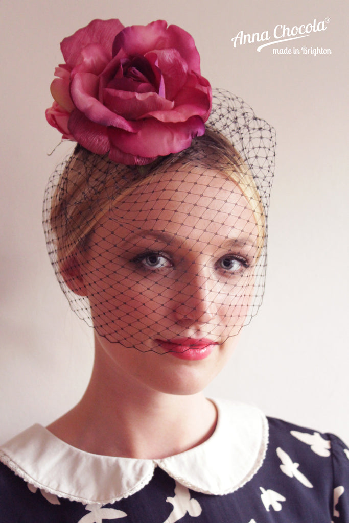 Dusky Pink Rose & Black Birdcage Veil – Anna Chocola display picture 1