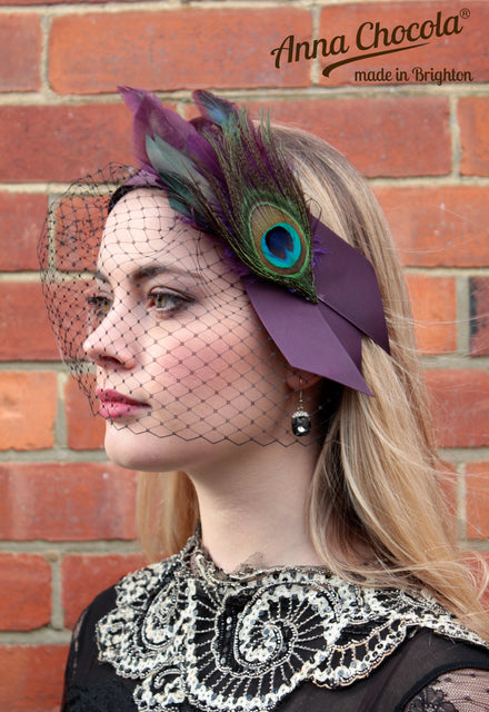 Peacock Feather Headpiece with Birdcage Veil - Anna Chocola® 2014