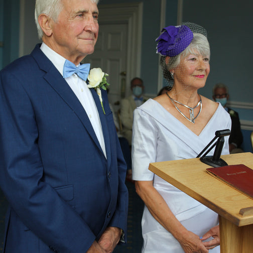 Yvette getting married wearing her custom made bridal Coquette pillbox hat by Anna Chocola Millinery