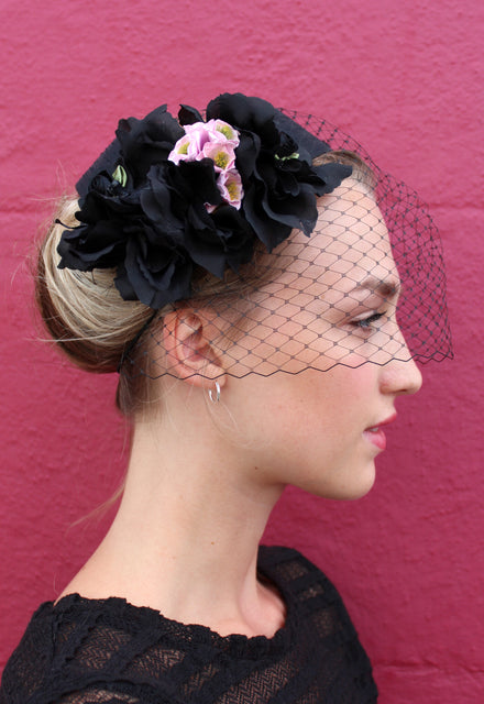 Black Flower Crown Hat with Veil - Anna Chocola
