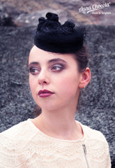 Black Silk Coquette Pillbox with Handmade Flowers - Anna Chocola Millinery
