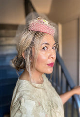 Lisa wearing her custom-made Flower Coquette pillbox hat with birdcage veil