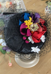 Black silk Coquette with bright multicoloured handmade flowers