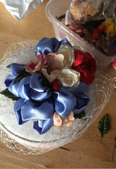 Custom made bridal satin 1950s retro pillbox hat ivory powder blue