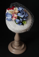 Custom made bridal satin 1950s retro pillbox hat ivory powder blue