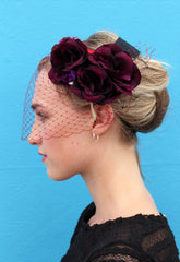 Deep Red flower Headpiece with Veil - Anna Chocola Millinery