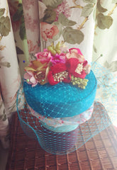 Anna Chocola Brighton Millinery Retro Hats Coquette pillbox 1950s Teal red pink flowers 6