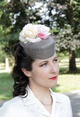Anna Chocola Brighton Millinery retro hats 1940s 50s Kiss Me pillbox hat taupe pale pink powder flowers
