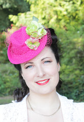 1940s Vibrant Fuchsia Tilt hat with flowers and veil