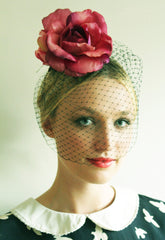 Dusky Pink Rose & Black Birdcage Veil - Anna Chocola Millinery
