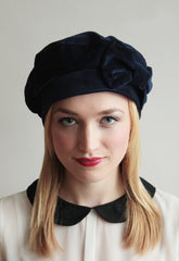 Navy Cotton 1940s Bow Beret - Anna Chocola Millinery