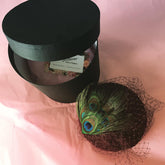 Elisabeth MBE investirue Coquette pillbox hat burgundy peacock feathers