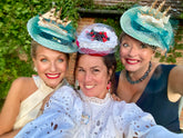 Selfie At Farleys Charlotte and Ellie in Poetic ship tilt hat by Anna Chocola for Farleys Surrealist Picnic