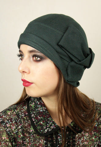 Bottle Green Wool "Sasha" Cloche Hat