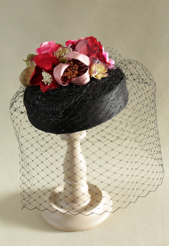 Black Birdcage Veil Flower "Coquette" Pillbox