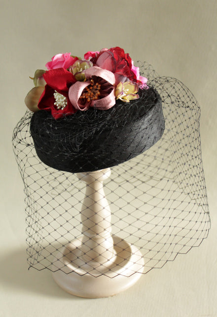 Black Birdcage Veil Flower "Coquette" Pillbox