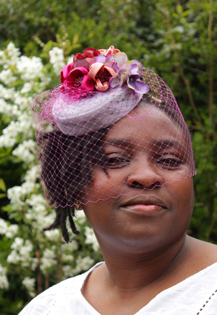 Ivory "Coquette" Pillbox with Pink Blush Veil