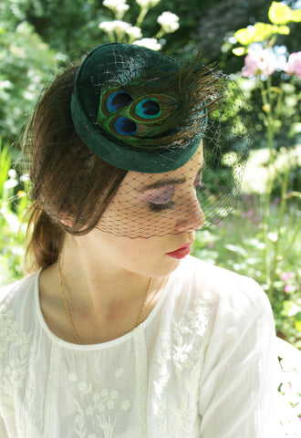 Green Velvet "Coquette" Pillbox with Peacock Feathers