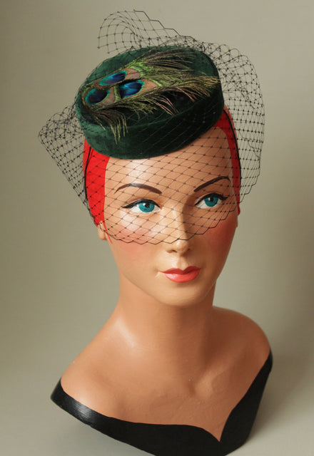 Green Velvet "Coquette" Pillbox with Peacock Feathers