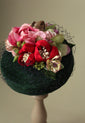 Green velvet "Coquette" Pillbox hat with flowers