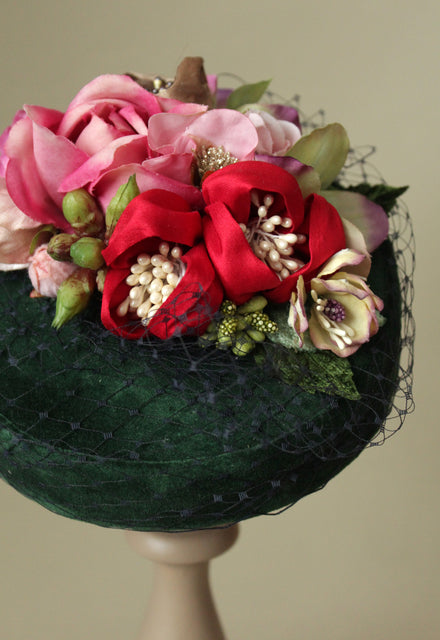 Green velvet "Coquette" Pillbox hat with flowers