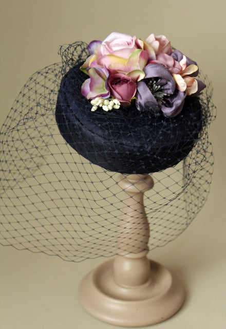 Dark Blue Silk "Coquette" Pillbox with Mauve Flowers