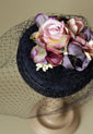 Dark Blue Silk "Coquette" Pillbox with Mauve Flowers