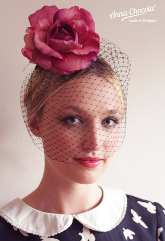 Dusky Pink Rose & Black Birdcage Veil