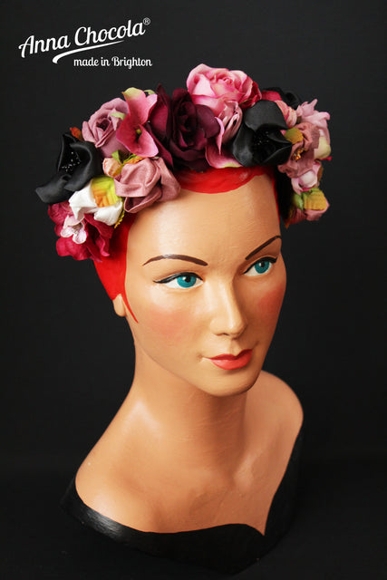 Colourful Pink & Black Handmade Silk & Satin Flower Crown