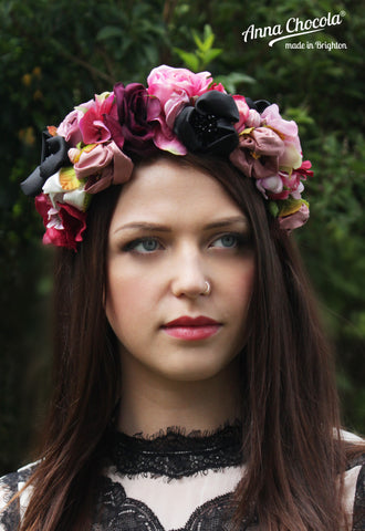 Colourful Pink & Black Handmade Silk & Satin Flower Crown