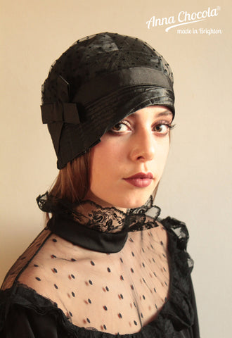 Black Satin & Plumetis Tulle "Inès" Cloche Hat