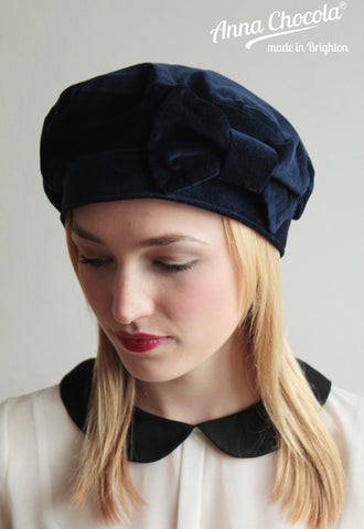 Navy Cotton 1940s Bow Beret