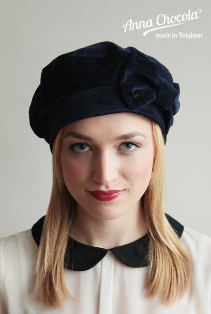 Navy Cotton 1940s Bow Beret