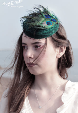 Green velvet "Coquette" Pillbox hat with peacock feathers